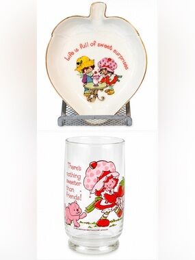 Vintage 80s STRAWBERRY SHORTCAKE Lot Porcelain Trinket Tray Dish Drinking Glass